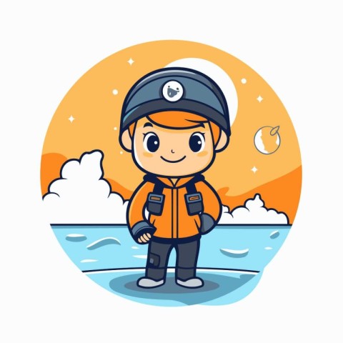 Cute little boy in life jacket. cap and helmet. Vector illustrat