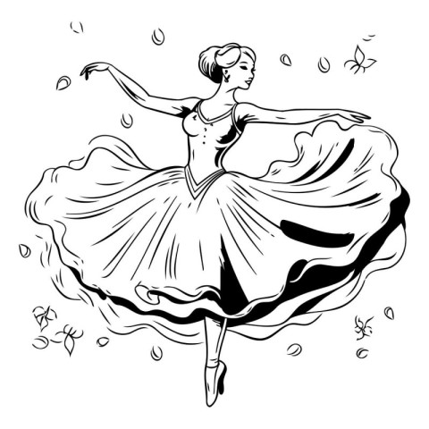 Ballerina in a tutu. Black and white vector illustration.