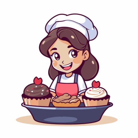 Cute cartoon girl chef with plate of cakes. Vector illustration.