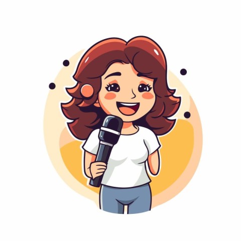 Cute little girl singing karaoke. Vector illustration in cartoon