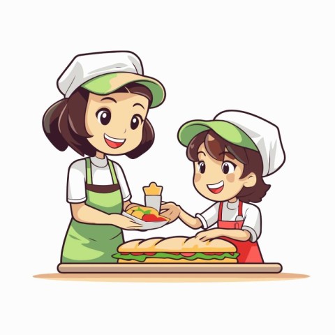 Illustration of a Cute Little Girl and her Mother Preparing a Sa