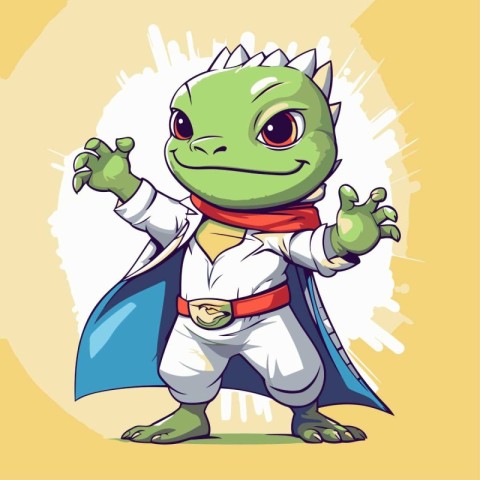 Funny cartoon green dragon in a superhero costume. Vector illust