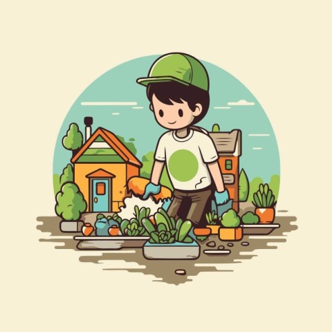 Cute little boy working in the garden. Cartoon vector illustrati