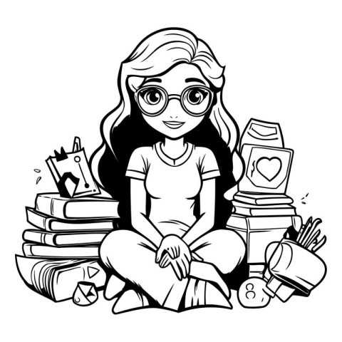 Girl with books. Black and white vector illustration for colorin