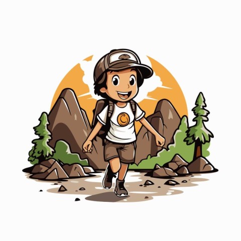 Cartoon tourist boy with a backpack in the mountains. Vector ill