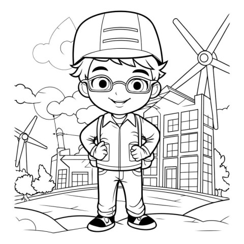 Outline illustration of a little boy in a cap and glasses standi