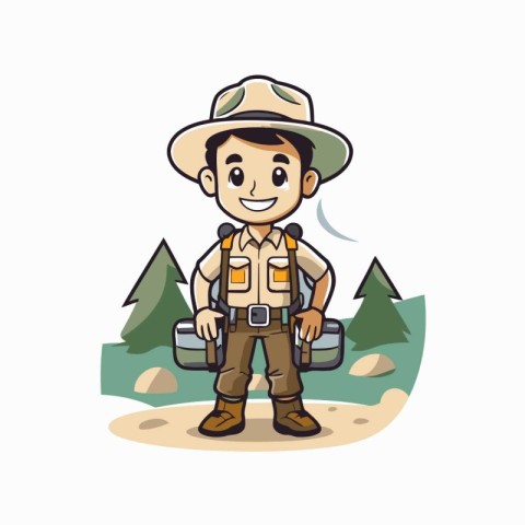 Cartoon safari explorer with binoculars. Vector illustration.