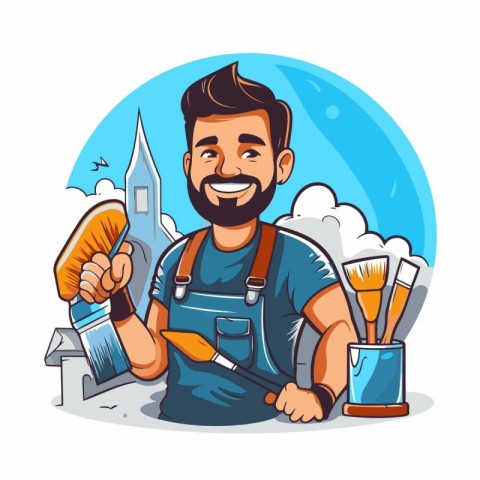 Handyman with paint brushes. Vector illustration in cartoon styl