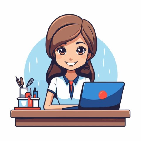 Cute girl working on laptop at office. Cartoon vector illustrati