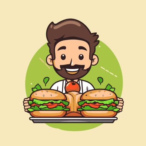 Handsome man with hamburgers. Vector illustration in cartoon sty