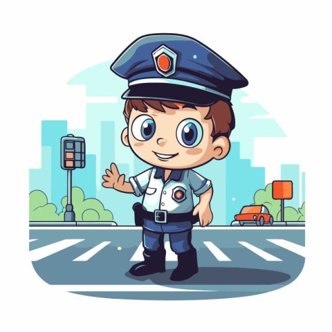 Cute little boy in police uniform on the street. Vector illustra