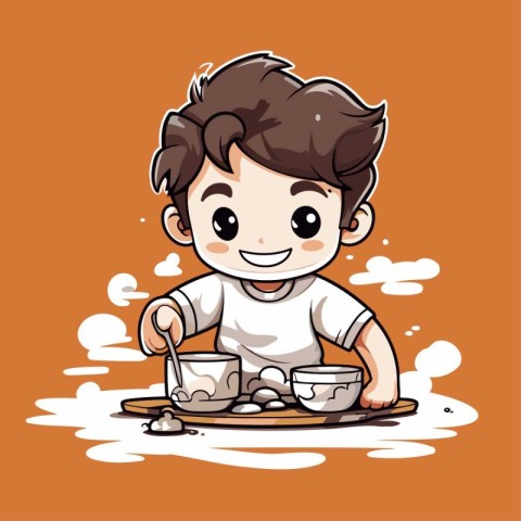 Vector illustration of a boy eating dumplings on a plate.