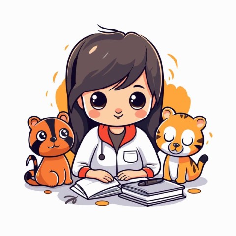 Cute little girl doctor with tiger and dog. Vector illustration.