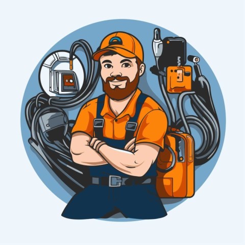 Electrician with electric cable. Vector illustration in a cartoo