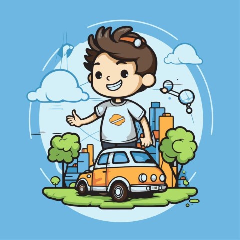 Boy riding a car on the road. Vector illustration in cartoon sty