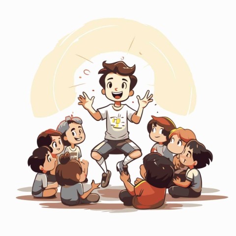 Cartoon illustration of a boy jumping over a group of children.