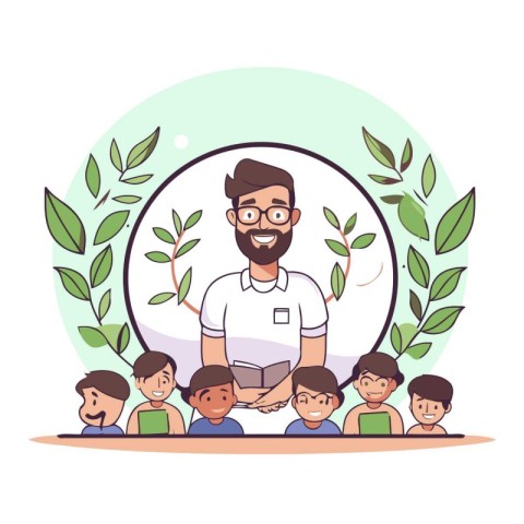 Teacher with students. Vector illustration in a flat cartoon sty