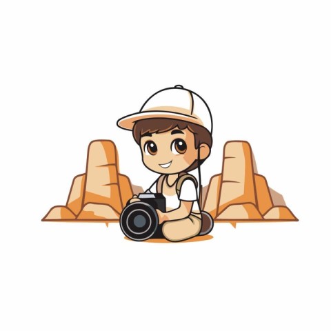 Cute boy with camera on the background of mountains. Vector illu