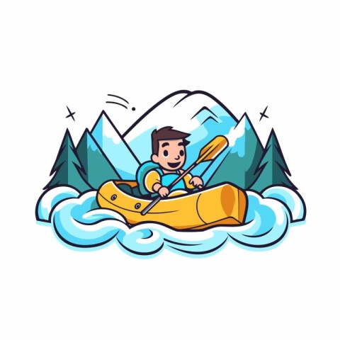 Man kayaking in the mountains. Vector illustration in cartoon st