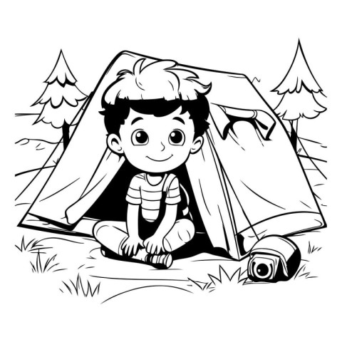 Black and White Cartoon Illustration of Cute Little Boy in Tent