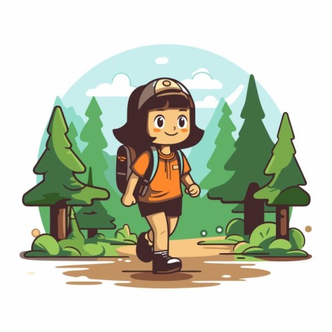 Cute little boy with backpack hiking in the forest. Vector illus