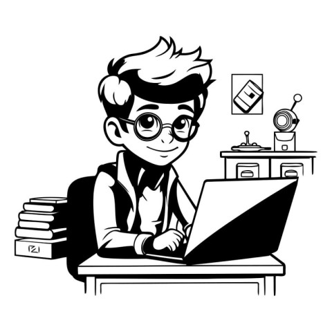 young man working at his desk in black and white vector illustra