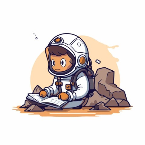 Astronaut sitting on a rock and reading a book. Vector illustrat