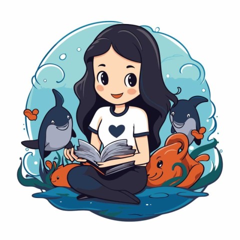 Cute little girl reading a book in the sea. Vector illustration.