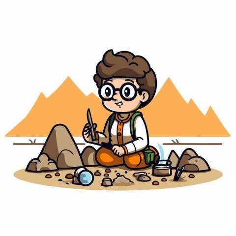 Boy with a paintbrush sitting in the sand. Vector illustration.