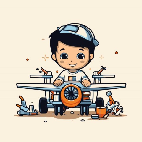 Cute little boy playing in a toy airplane. Vector illustration.