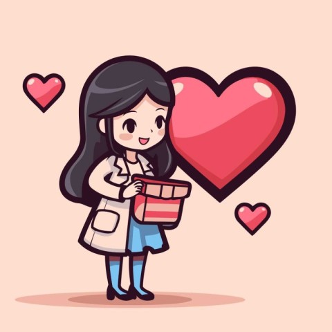 Cute girl holding a gift box and heart. Vector illustration.