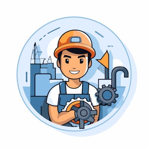 Worker in helmet and overalls. Vector illustration in cartoon st