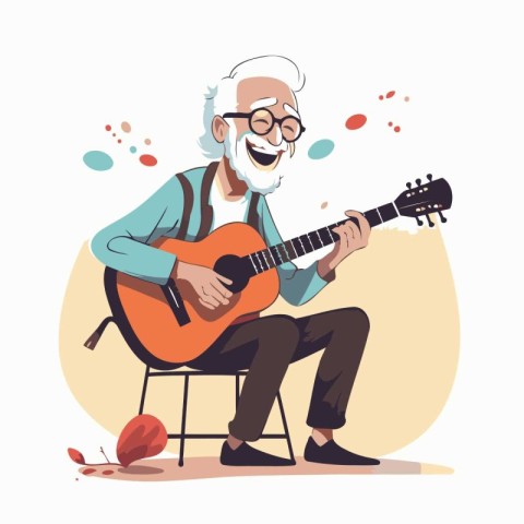 Elderly man playing guitar. Vector illustration in cartoon style