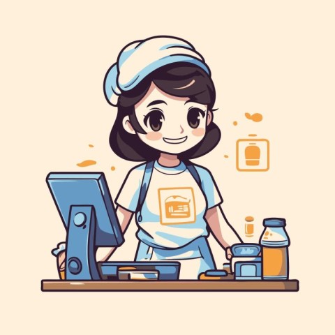 Cute cartoon girl in apron and chef hat standing at the counter