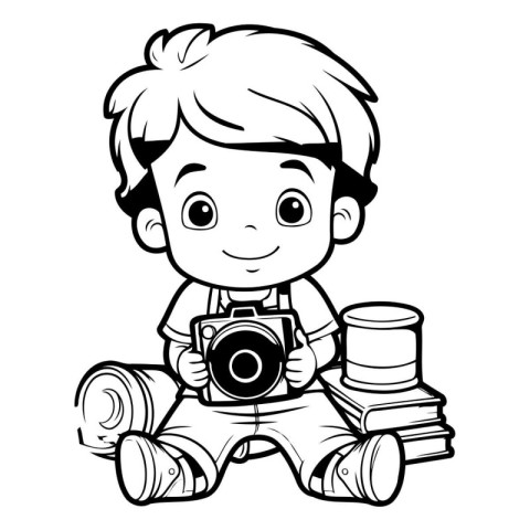 Boy Photographer with Camera - Black and White Cartoon Illustrat