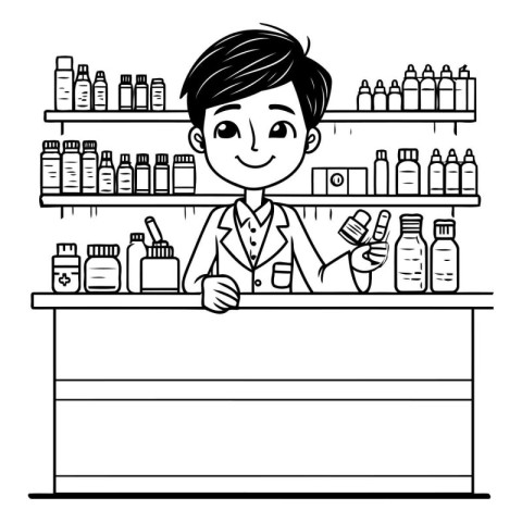 Man pharmacist in drugstore. Black and white vector illustration