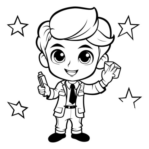 Black and White Cartoon Illustration of Kid Boy Holding a Pencil