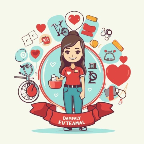 Happy girl with heart and love symbols. Vector illustration in f