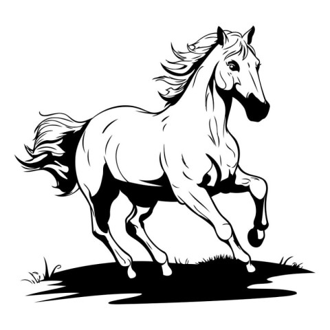 Black and white vector illustration of a horse galloping in the