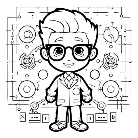 Black and White Cartoon Illustration of Kid Boy Scientist Charac