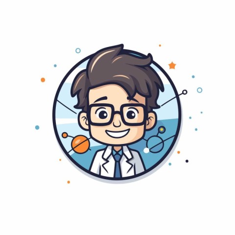 Vector illustration of cartoon scientist character in circle. Sc