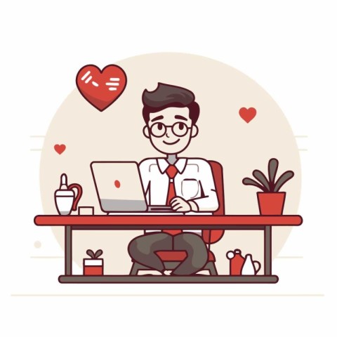 Happy man working at home. Vector illustration in flat cartoon s