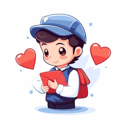 Cute boy in uniform and cap holding envelope. Vector illustratio