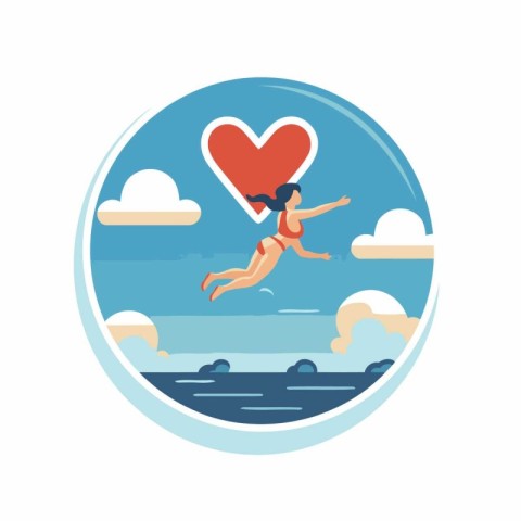 Girl jumping in the sea with heart. Vector illustration in flat