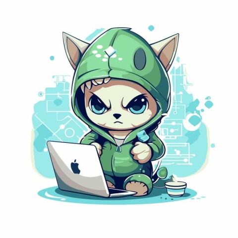 Cute cartoon alien girl with laptop. Vector illustration on whit