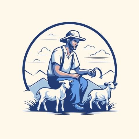 Farmer with sheep on the farm. Vector illustration in retro styl