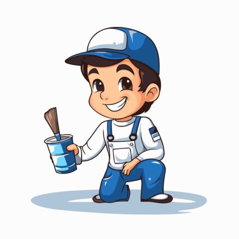 Cartoon painter boy with paint bucket and paint brush. Vector il