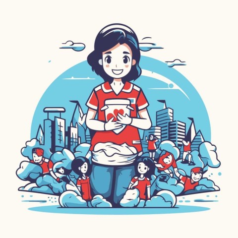 Vector illustration of a girl holding coffee cup in the city. Ca