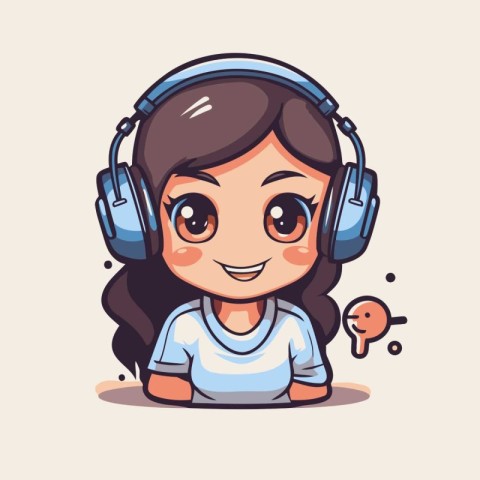 Cute girl with headphones listening to music. Vector cartoon ill