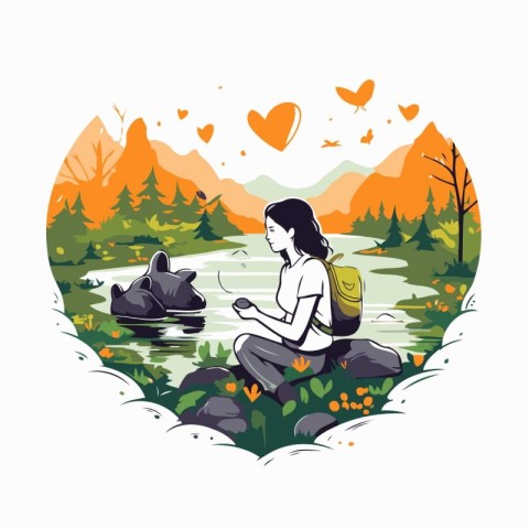 Vector illustration of a girl with a backpack sitting on a rock